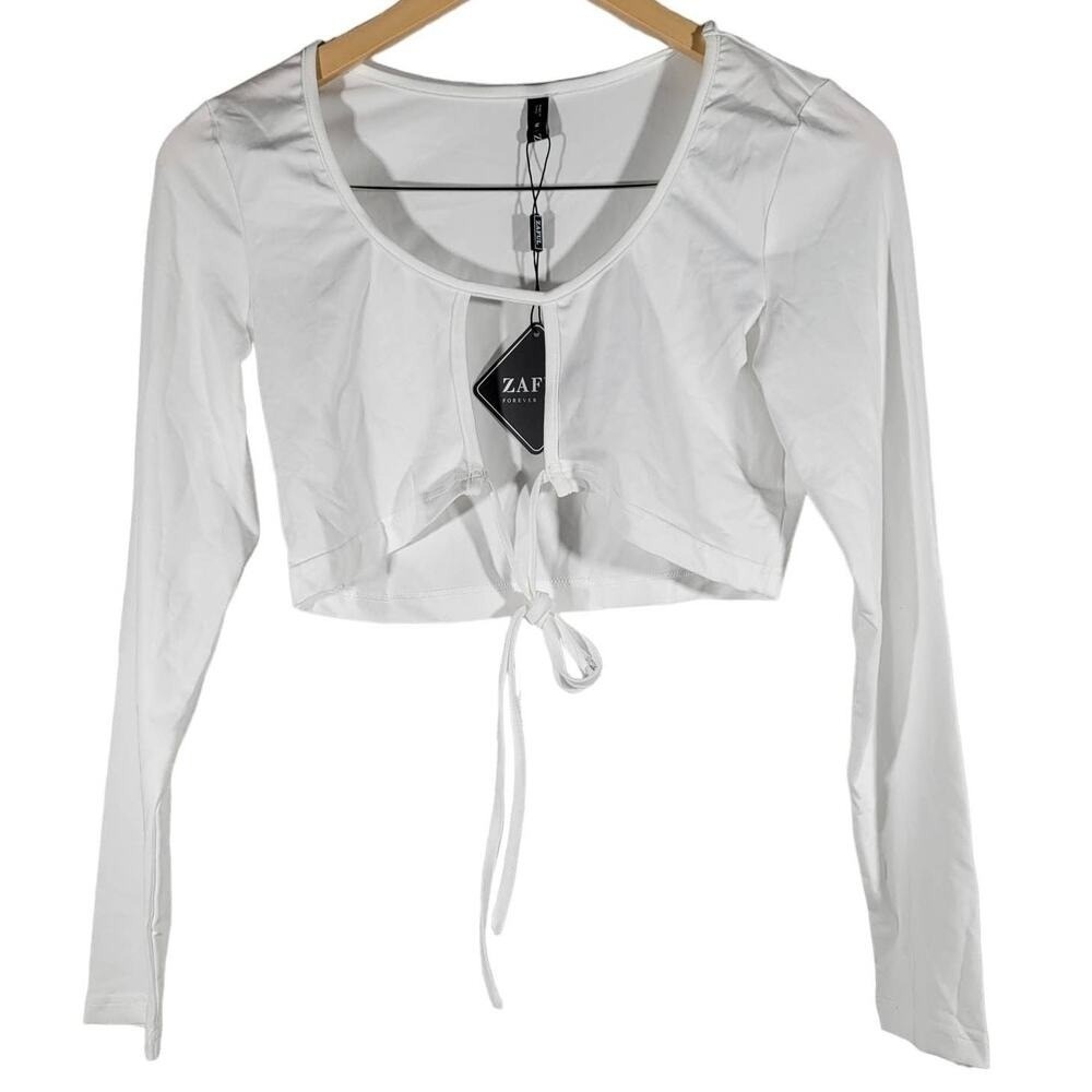 Zaful White Long Sleeve Cropped Tie Front Shirt Top M